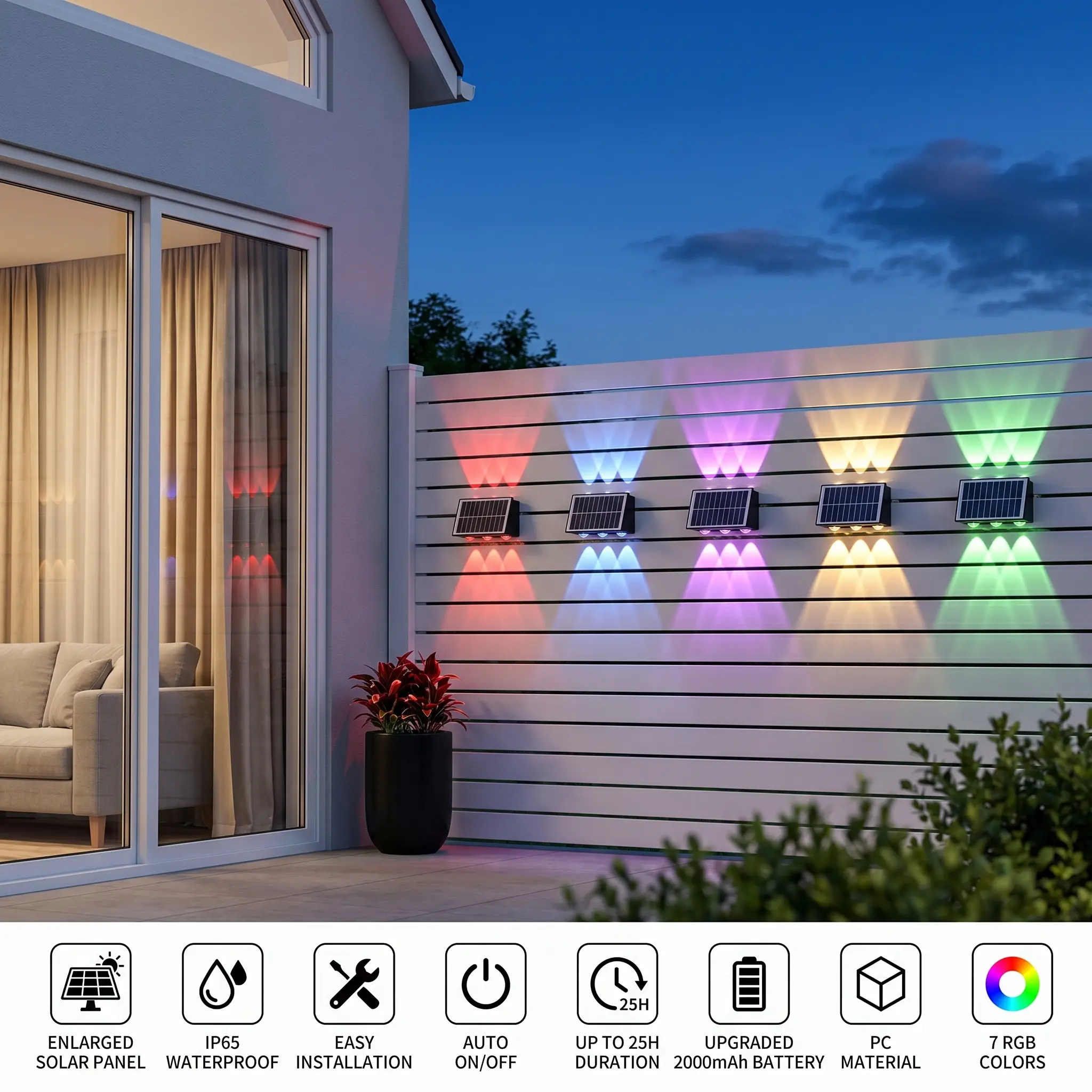Motionics Solar-Powered RGB LED Outdoor Wall Lights - Waterproof, Wireless, Auto On/Off, 5 Lighting Modes, Customizable RGB Settings, Eco-Friendly, Novelty Design for Fence, Patio (Water Resistant, Fence & Patio Glow)