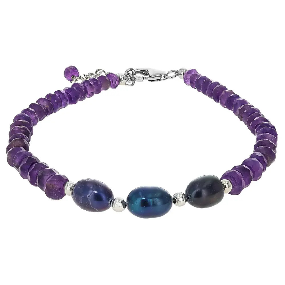 JTV Beaded Bracelet - Rhodium Over Sterling Silver, 18.00ctw Amethyst, Cultured Freshwater Pearl Accent