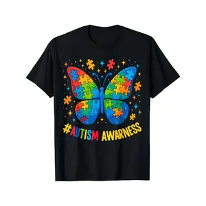 Autism Awareness Butterfly Puzzle Graphic T-Shirt for Men, Colorful Puzzle Pieces & Stars Design, Black Casual Round Neck Tee, Breathable Elastic Cotton, Regular Fit Spring & Summer, Machine Washable, Everyday Comfort for Autism Acceptance & Support