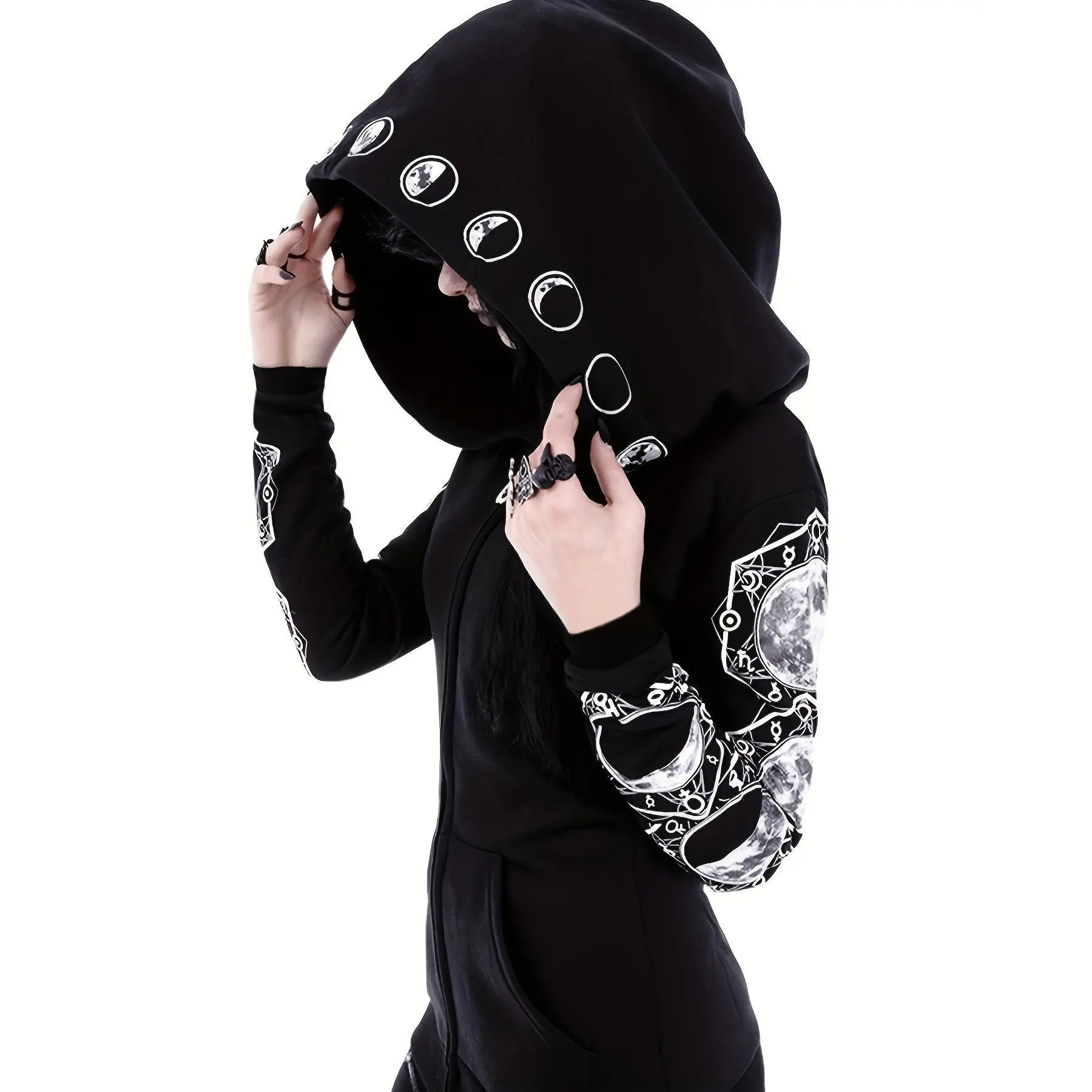 Women's Gothic Knit Spandex Zip-Up Hoodie - Large, Front Pocket, Geometric, Machine Washable, Dry Clean Casual Top, Hoodies For Women, Long Sleeve, Clothes, Sweatshirt, Recycle Polyester, Hooded Neck, All Seasons