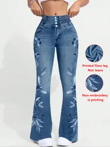 Women's Denim Print Floral Flare Pants, Fashionable Long Jeans for Women, Casual High Waist Wide Leg Trousers, Stylish Ladies' Clothing, Fitted