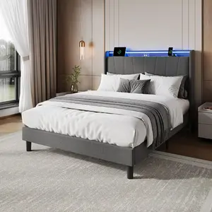 Garvee Full Size Bed Frame with LED Lights and Charging Station, Fabric Upholstered Platform with Headboard, No Box Spring Needed, Noise Free and Easy Assembly in Gray