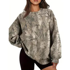 Women'S Oversized Camo Sweatshirt - Long Sleeve, Loose Fit, Green & Black Leaf Pattern, Casual Pullover with Ribbed Cuffs, All-Season Comfort, Casual Wear |   Relaxed Fit Top |   Construction, Sweater Hoodie