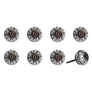 212 MAIN 1.5 in Black & White Hand-Painted Flower Theme Ceramic-Metal Drawer Pull Knobs - Set of 8, Traditional Door Hardware for Large Home Appliance Parts & Accessories