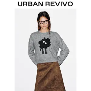 URBAN REVIVO Women's Elegant Long-Sleeve Knit T-Shirt, Round Neck Casual Clothes with Crochet Applique, Knitwear Style UYY950156