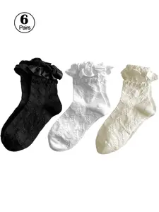 6 Pairs Crew Socks for Women, Lace Ruffle Frilly Cotton, Cute Casual Everyday Lolita Ankle Dress Socks, Breathable Socks for Ladies, Womenswear