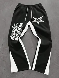 Unisex Y2K Cybercore Baggy Sweatpants with Unique Graphic Print Star Graphics - Contrast Panel Flare Joggers for Streetwear Ready & Urban Skaters - Oversized Retro Aesthetic Tracksuit Bottoms