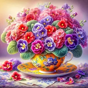 Vibrant Pansy Teacup Floral Art Painting Diamond Painting 5D DIY Diamond Painting Kit Full Drill Square Round Diamonds Embroidery Design Cross Stitch Art Craft Home Wall Decor Unique Art Gift For Living Room Bedroom Office Handmade Decorative Painting Set