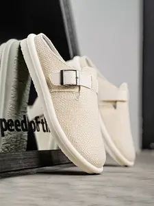 Men's Summer Linen Woven Mule Slippers, Adjustable Metal Buckle, Breathable Lightweight Thick Sole, Casual Shoes, Colors