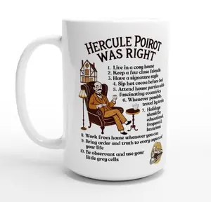Hercule Poirot Mug - Mystery Lovers Coffee Cup - White 15oz Ceramic Mug