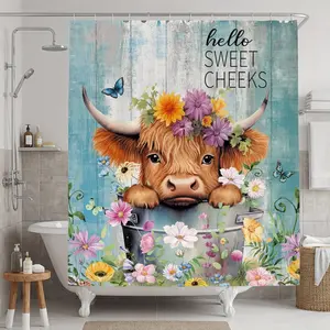 Highland Cow Waterproof Shower Curtain SetBlue Funny Highland Cow 4Pcs Bathroom Shower Curtain Sets Western Rustic Daisy Floral Bathroom Decor Set with Rugs and Accessories Cute Toilet Lid Rug, Contour and Bath Mat with 12 Hooks Bathroom Shower Equipment