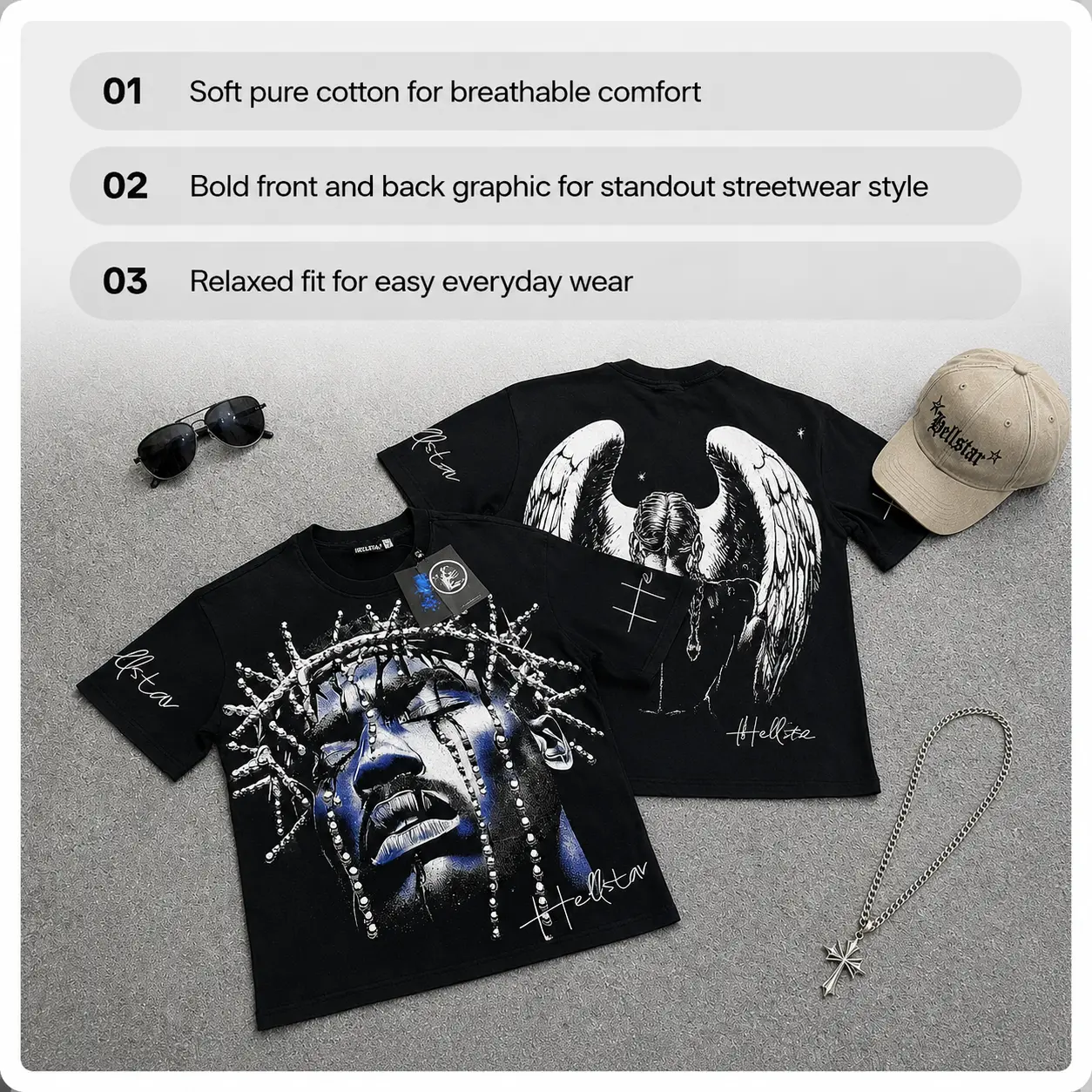 Hell Star Jesus Graphic T Shirt Pure Cotton Streetwear Y2K Summer Daily Casual Party Festival Outfit Urban Hip Hop Harajuku Trend Fashion Men Women Couples Unisex Oversized Top Crewneck Menswear