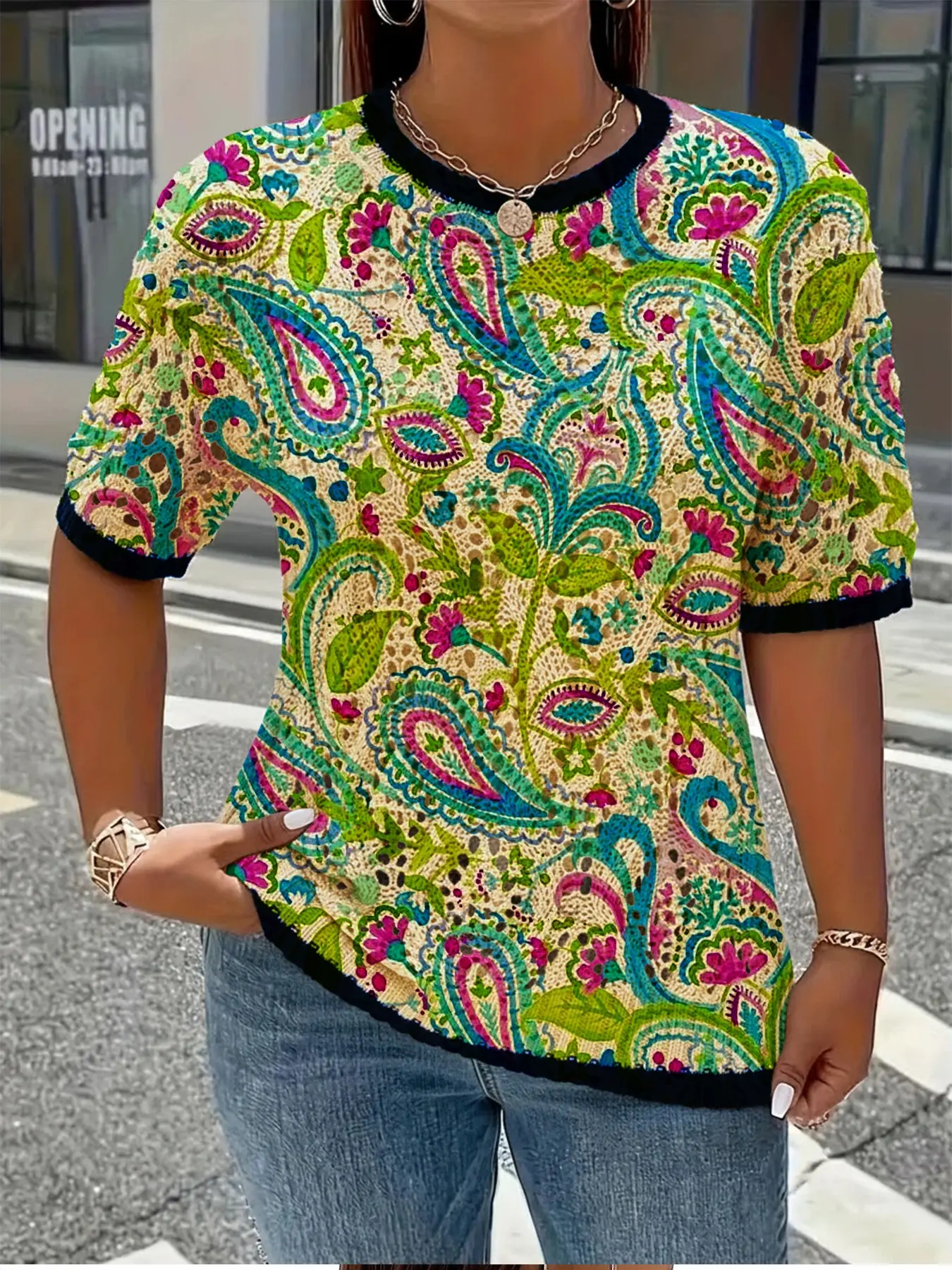Women's Spring Summer New Paisley Print Round Neck Short Sleeve Knit Sweater, Hollow Out Design, Casual Comfortable Breathable