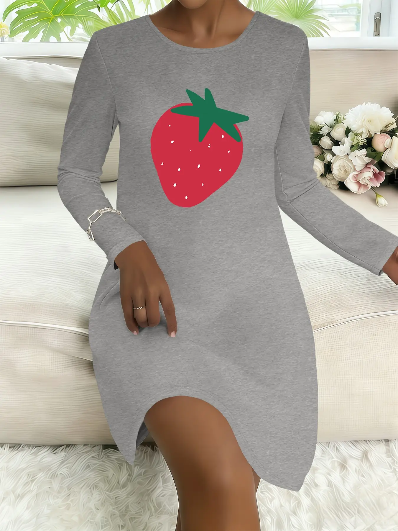 Women's Fruit & Strawberry Print Long Sleeve Dress, Casual Loose Fit Comfortable Mid-Length Dress, Spring & Fall Fashion