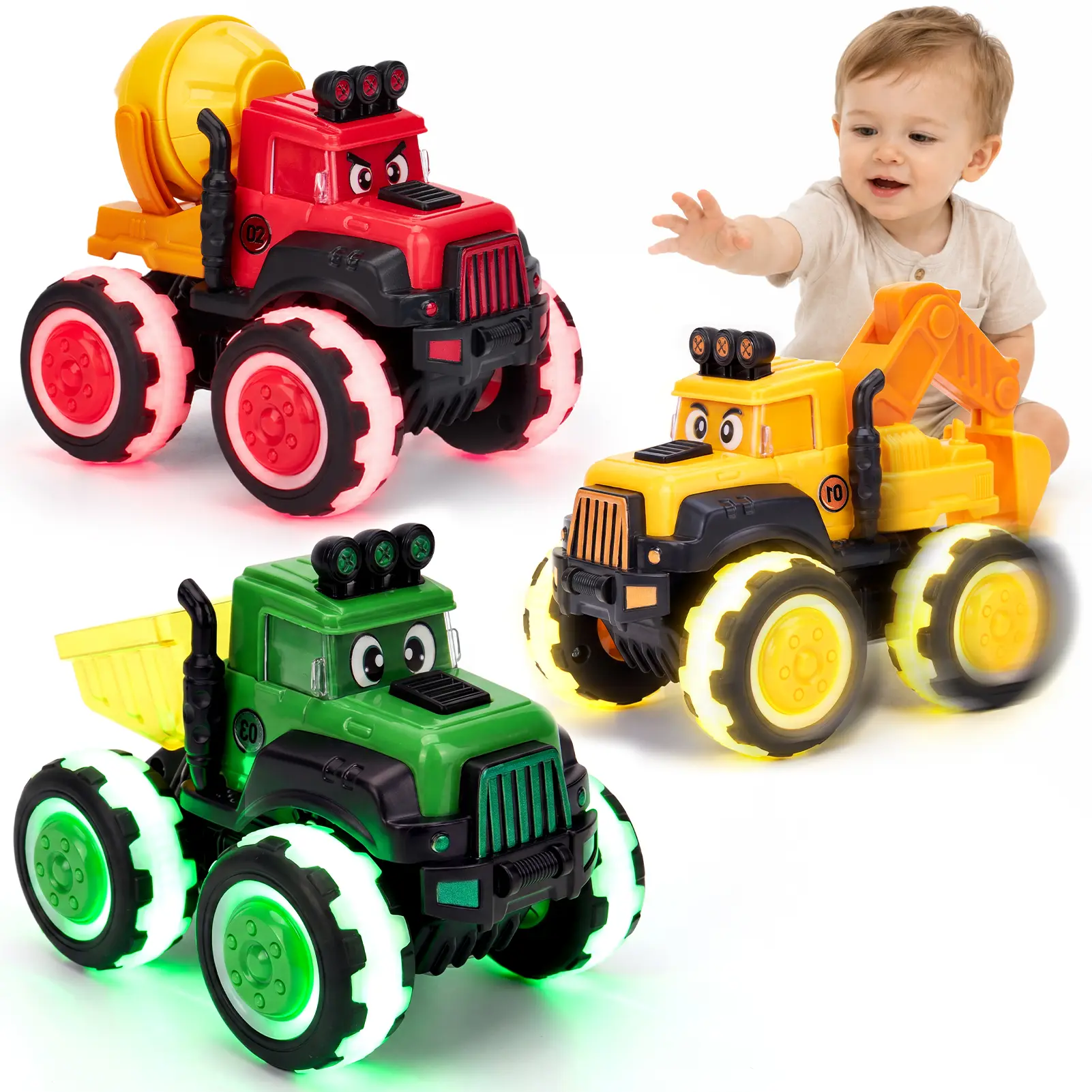 hahaland 3-Pack Light-Up Pull-Back Monster Construction Toys | Excavator, Cement Mixer, Dump Truck With Moving parts, Truck sounds, Oversized LED wheels, Christmas Gift for Toddlers
