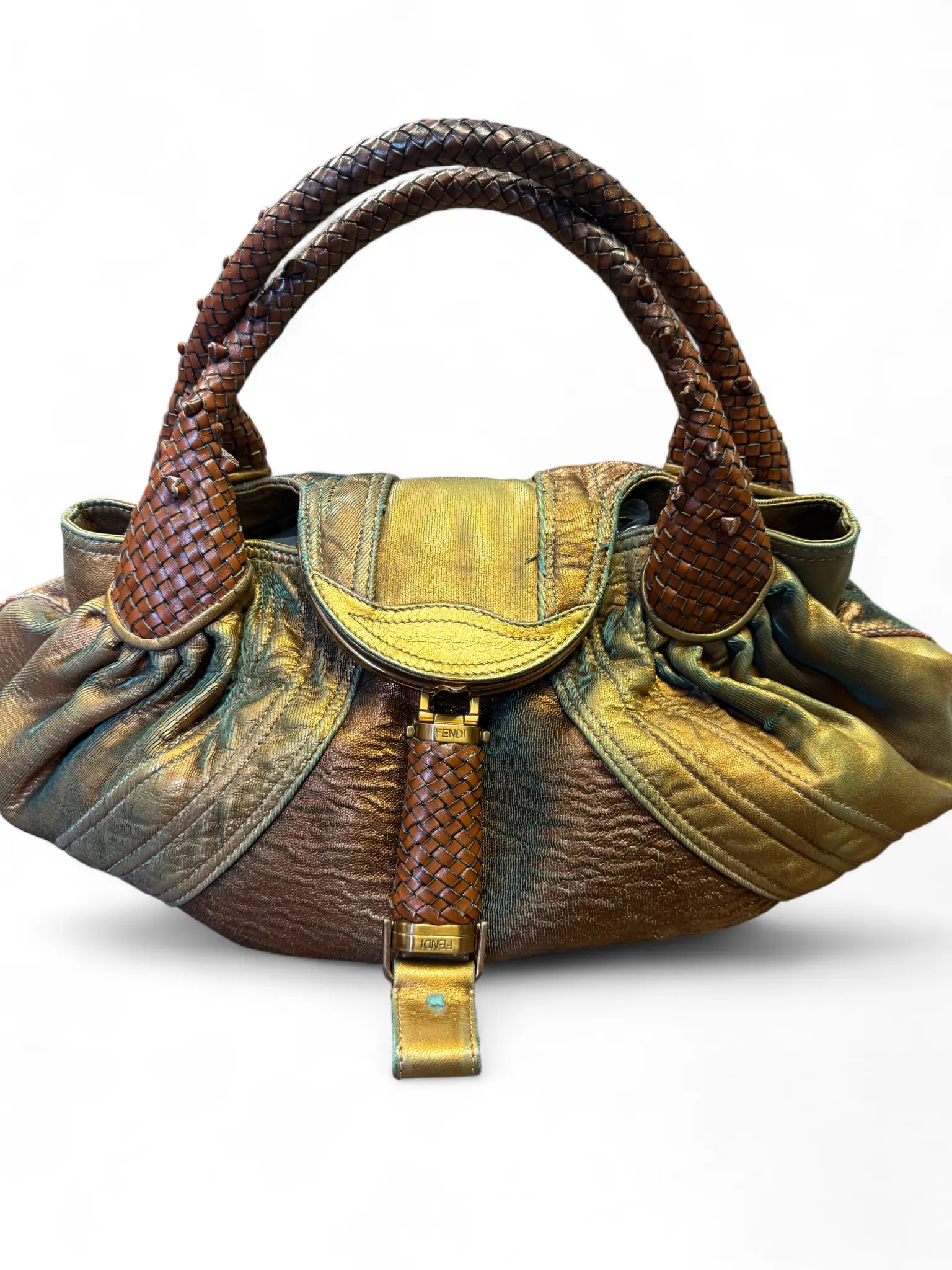 Pre-owned FENDI Canvas and Leather Shoulder Bags Spy Bag Y2K Fortuny Hologram Holographic Bag with Zucca Print Interior Vintage