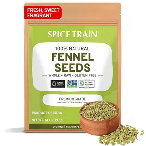 SPICE TRAIN Fennel Seed (397g/14oz) Tested for Quality, Vegan, Gluten Free, Raw Fennel Seed, Perfect for Cooking, Teas, Smoothies, Lattes, Packed in Resealable Zip Lock Pouch
