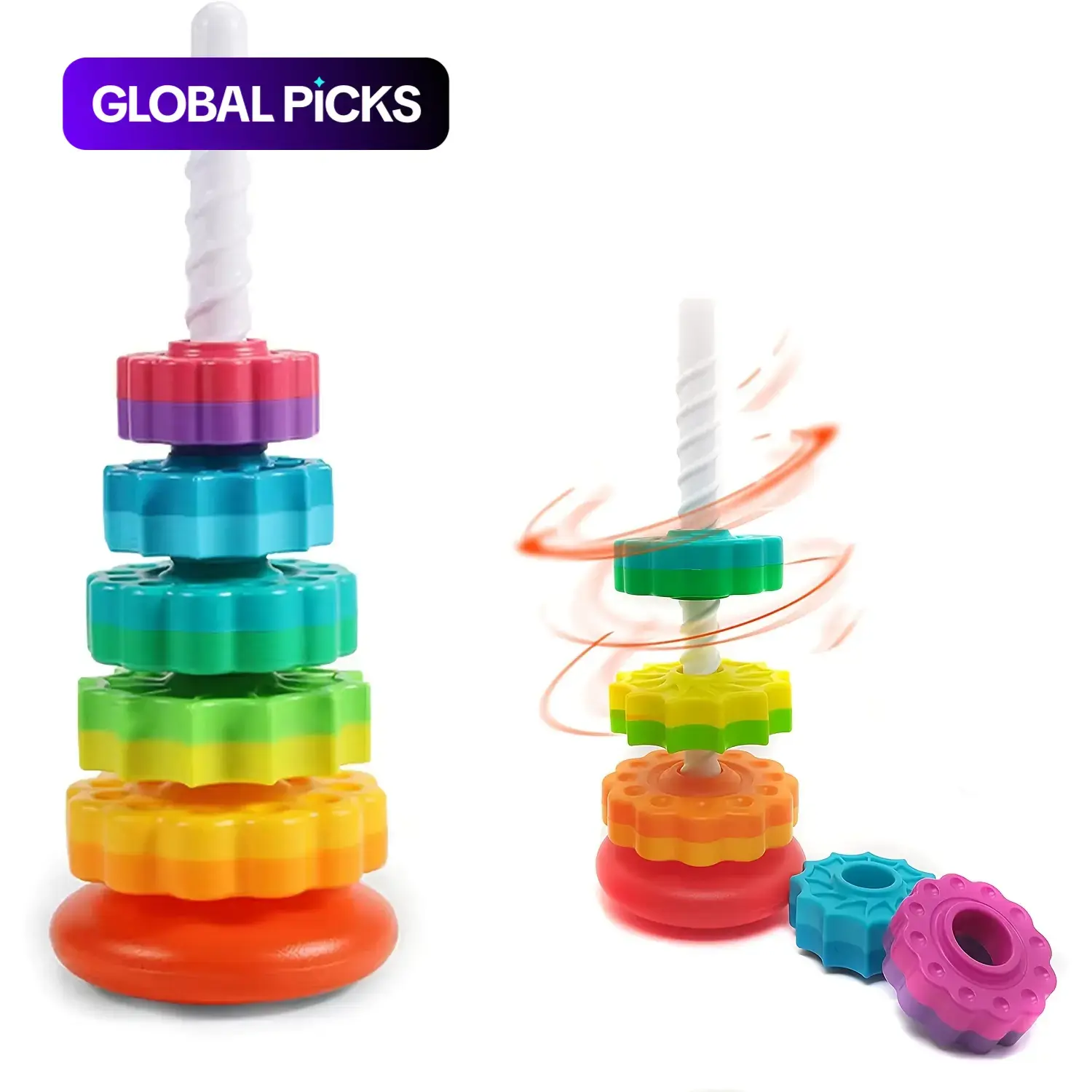 Rainbow Rotating Tower Toy, Colorful Wooden Stacking Sensory Toy, Kids Interactive Stacking Jenga Game, Rainbow Tower Blocks for Baby & Toddlers#GLOBAL PICKS