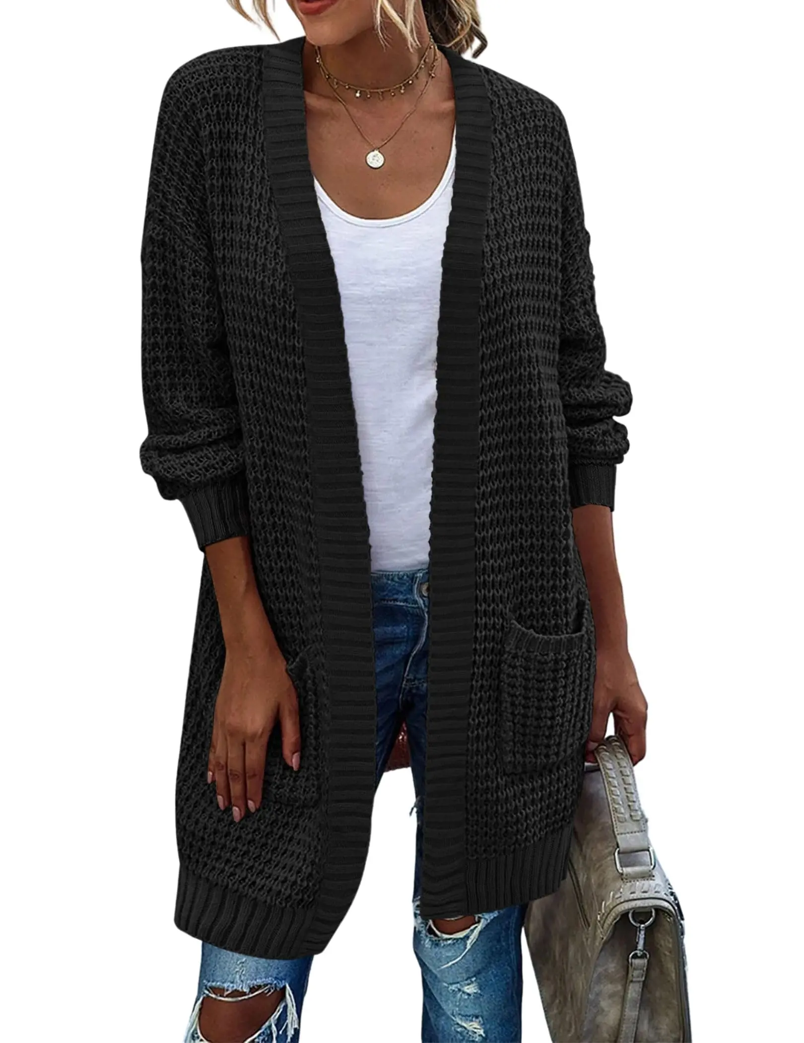 Zeagoo Women's 2025 Fall Open Front Cardigan Long Batwing Sleeve Chunky Knit Sweater Loose Outerwear Coats with Pockets