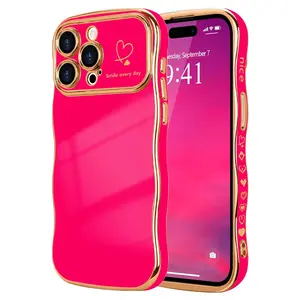 Cute Curly Wave Frame Shape Phone Cases, Thin Slim Luxury Plating Wavy Edge Soft TPU Bumper Shockproof Rubber Protective Cover for Women Girls, Love Heart-Hot Pink