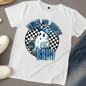 Retro Patchwork Ghost Youth T-Shirt – Trendy Blue Denim Halloween Ghost with Pumpkin & Boo Details, Cute Coquette Fall Shirt		