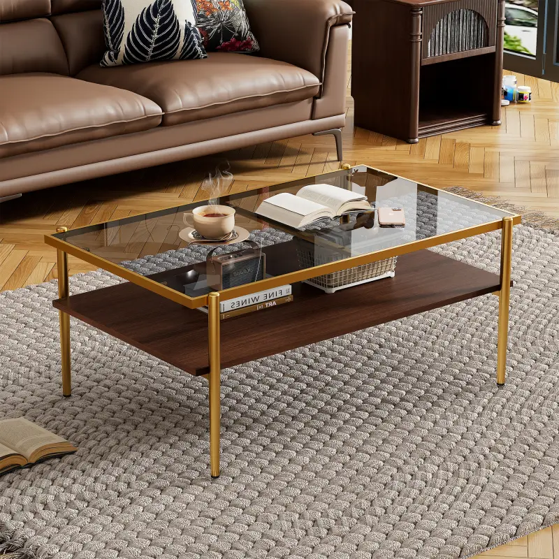【Bellemave】Rectangle Coffee Table with Gray Tempered Glass top and Golden Legs, Modern Table for Living Room
