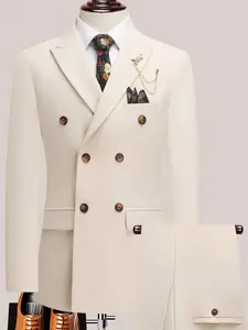 The Latest Men's Solid Color Suit Two-Piece Set With Lapel Collar And Double Breasted Buttons For Four Seasons, Men's Business Suit, Formal Business Casual Wedding Dress