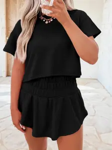 Women's 2-Piece Checkered Outfits - Short Sleeve Crewneck Cropped Tee & Ruffle High Waist Skort Set, 2026 Summer Casual Solid Style, Soft Breathable Smocked Fabric