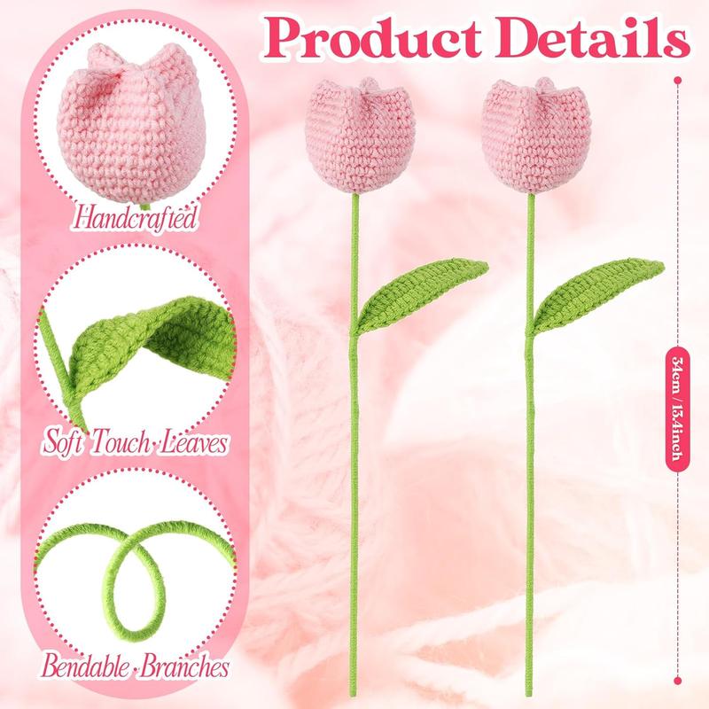 12 count Crochet Rose Handmade Knitted   Sunflower Daisy Heart Artificial Knitted Floral Mother Day Graduation Home Decor(Cute Pink )