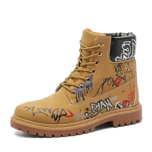 2026 New Graffiti Yellow Boots for Men, Street Style Thick-Soled Work Boots, Retro Trendy High-Top Boots boy Men's Waterproof Hiking Boots breesh the label