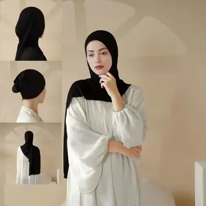 Women's Muslim Modern Modesty Chic Solid Color Premium Jersey Fabric Hijab Tudung, Soft Texture, Elegant, Graceful, With Basic UnderCap, Formal Spun Rayon, Lightweight, Breathable, MH038 (Beige, Black) Head Scarf Casual