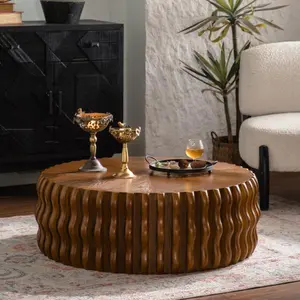 Bellemave  Ribbed Wave Round Coffee Table - Solid Wood & MDF Mid-Century Center Table, Brown Modern Drum Fluted Coffee Table for Living Room/Apartment (Fully Assembled)
