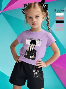Girls' Wednesday Character Tee Shorts Set, Girl Clothes School, Cartoon Print, Breathable Comfort Material, Daily Wear, Dark Trendy Style