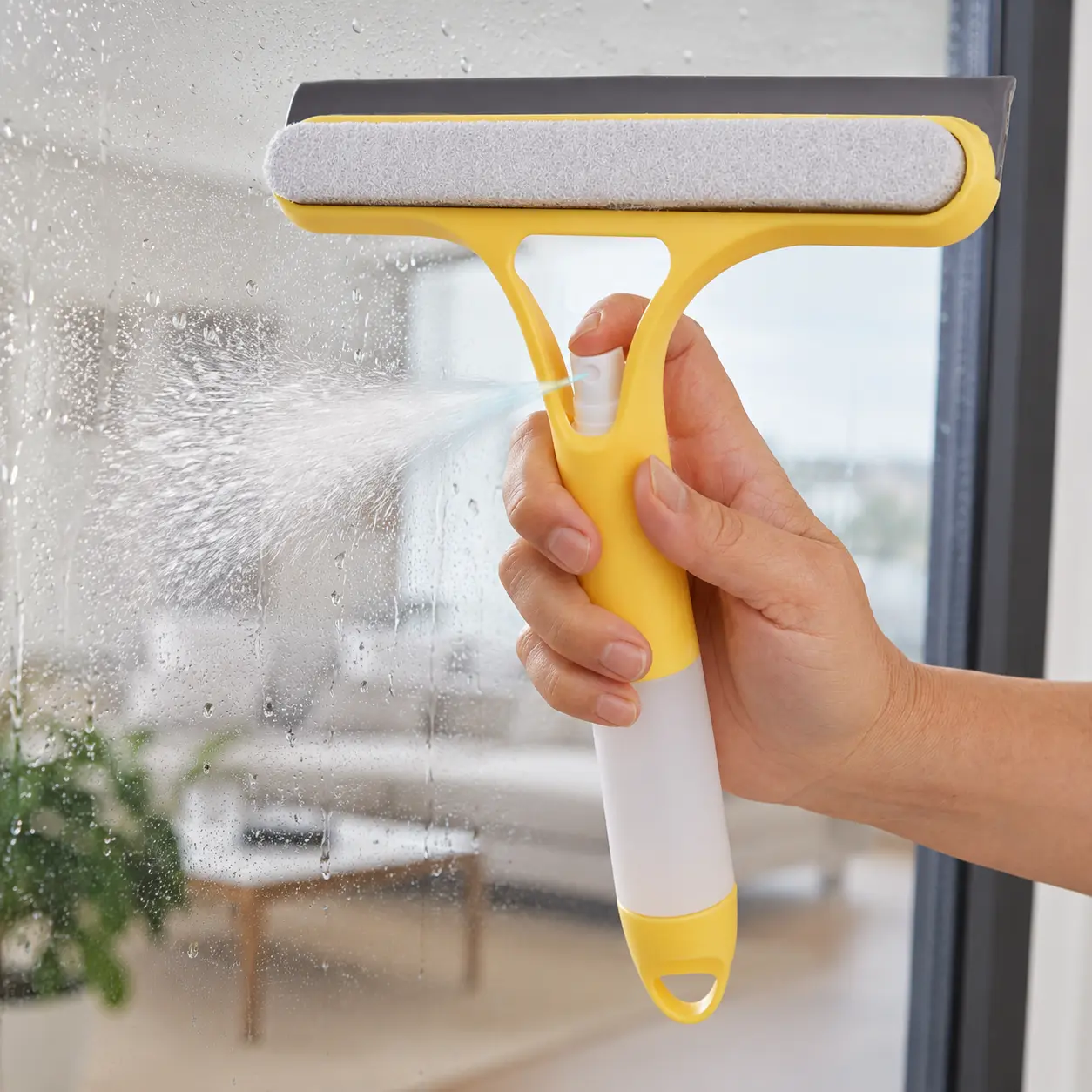 3-in-1 Window Cleaning Pro Squeegee Scrubber - Plastic, Rotatable Household Cleaning Tool with Spray & Brush for Glass, Mirrors