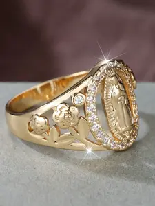 Elegant Gold-Toned Virgin Mary Ring With Zirconia Accents - Perfect For Everyday Wear And Festive Occasions