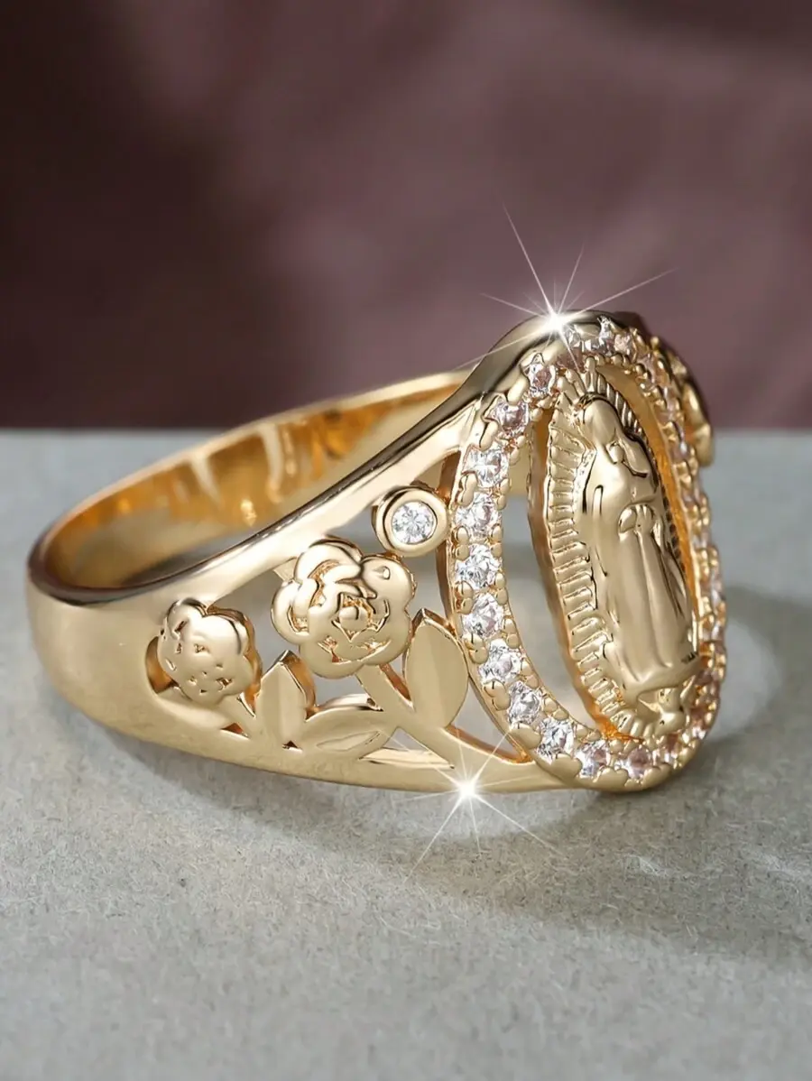 Elegant Gold-Toned Virgin Mary Ring With Zirconia Accents - Perfect For Everyday Wear And Festive Occasions