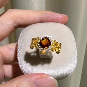 S925 sterling silver ring, Nature Citrine  gemstone, adjustable size, set size wirh a 6.5*6.5mm, Glod-Plated Engagement Ring, Elegant and Luxurious for Women, Girl friend, Brides, , Perfect for Wear and Party