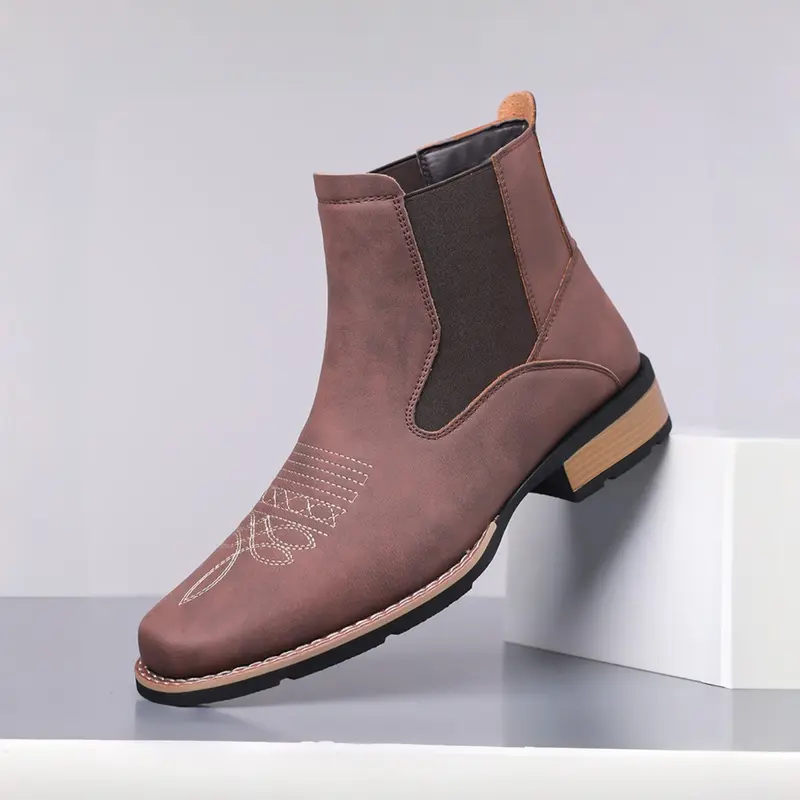 Men's Western Chelsea Boots Square Toe, All-Season One-Step Work Casual Boots, Suitable for Men, Comfortable and Durable