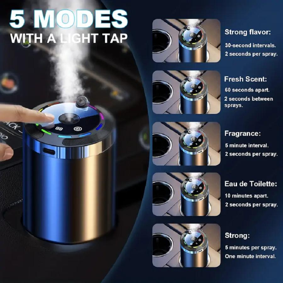 This smart car fragrance diffuser combines an air freshener, aromatherapy diffuser, humidifier, starry sky projector, and ambient lighting into one device. It can keep the air inside the car fresh for a long time