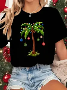 100% cotton women Christmas Palm Tree Light Hawaiian Tropical Xmas T-Shirt Print Round Neck Short Sleeve Streetwear Fashion Breathable Soft Unisex Designer Clothes For Women Casual Clothes