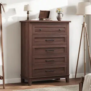 5 Dresser for Bedroom, 41.3 in Tall Vertical Drawer Dresser with Large Storage, Freestanding Wooden Closet Chest for Bedroom, Living Room, Walunt