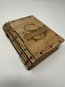 Wooden 'Book of Shadows' Secret Stash Box - Celestial Shelf Decor with Laser-Engraved Design & Hinged Spine Detail for Tarot Decks & Crystals