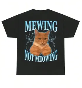 2026 Summer New Funny Cat Meme T-Shirt - Mewing LooksMax Meowing Cat Graphic Tee, Unisex Cotton Outfit For Men & Women, Daily Retro Street T-Shirt