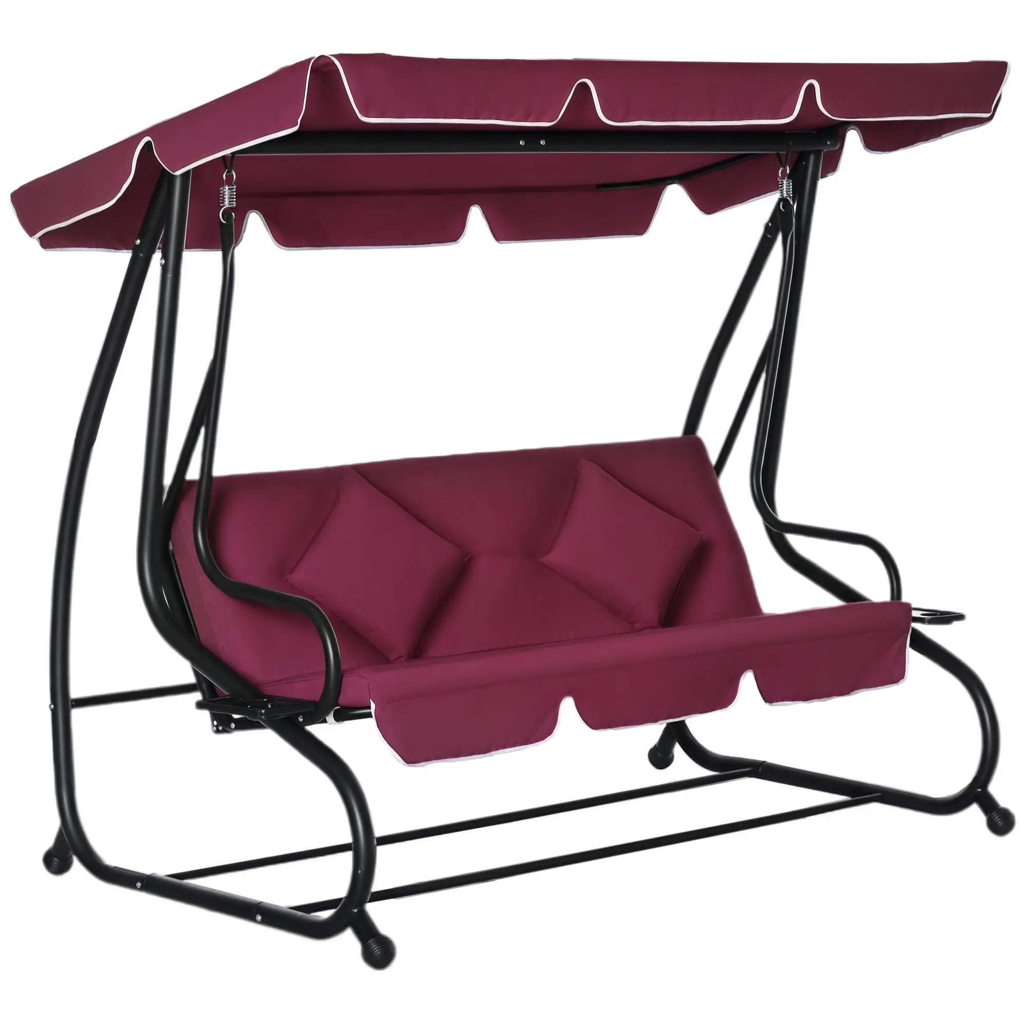 Outsunny 3-Seat Outdoor Patio Swing Chair - Convertible Flatbed Glider with Adjustable Canopy, Removable Cushion & Pillows, for Porch, Garden, Red, Porch Swings, Swing Porch Swings