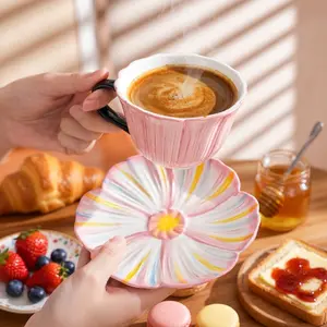 Hand-Painted Ceramic Coffee Cup Set, Floral Handle Design, Perfect for Latte and Tea Drinks, Holiday Gift Idea