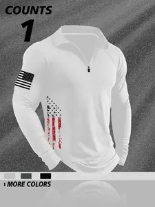 Men's Vintage American Flag Graphic Half-Zip Long Sleeve Polo Shirt, Soft Breathable Fabric, Casual Fit, Fall & Winter, Sports Style, Fitted
