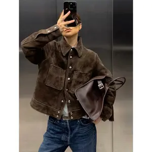 Vintage Brown Suede Women's Jackets Turn Down Collar Long Sleeve Single Breasted Female Pockets Coats 2025 Autumn Ladies Outwear