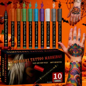 Temporary Tattoo Markers Set, 10-Color Body Art Pens, Flexible Brush Tips, High Pigment Bright Colors, Perfect for Halloween Makeup & Cosmetics