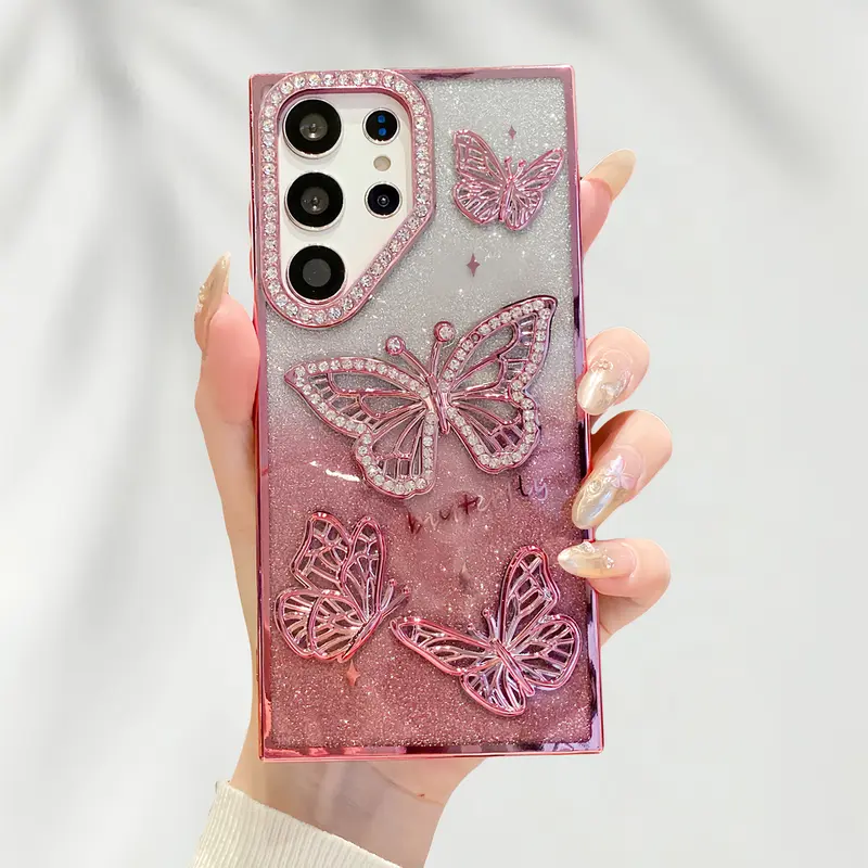 Women's 3D Glitter Plating Rhinestone Butterfly Smartphone Case for Samsung Galaxy S25-S24-S23 Ultra - Slim, Shockproof, 360° Guard Bumper Cover with Camera Protector, Mobile Accessory, Butterflies