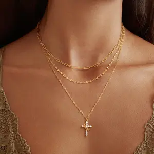 Moodear Cross Pendant Necklace Set - Dainty Cubic Zirconia Pendant Necklaces Rotated Crown Necklace Gift for Women